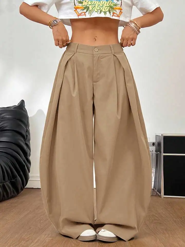 Women's Cotton Blend Anti-Wrinkle Lightweight Vintage Pleated Wide Leg Pants Mid Waist Baggy Trousers for Spring Daily Wear