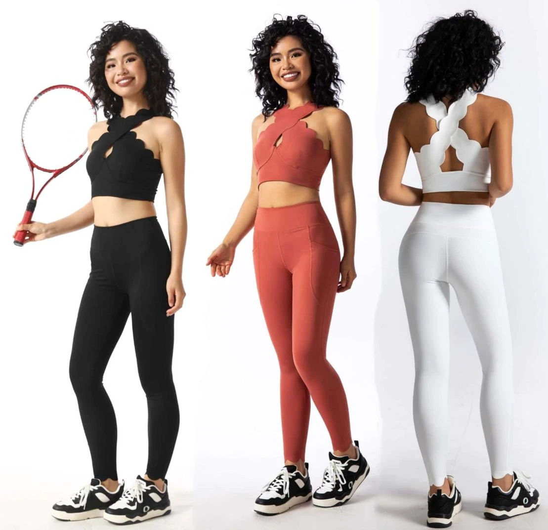Women's Workout Gym Wear Sports Clothes Tracksuit Cross Straps Padded Scallop Crop Top & High Waist Pants Fitness Yoga Set