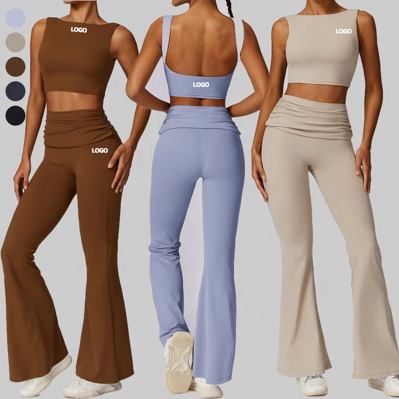 Women Flare Pants Activewear Sports Suit 2 PCS Workout Clothing Sexy Backless Padded Crop Top and Yoga Leggings Gym Fitness Sets
