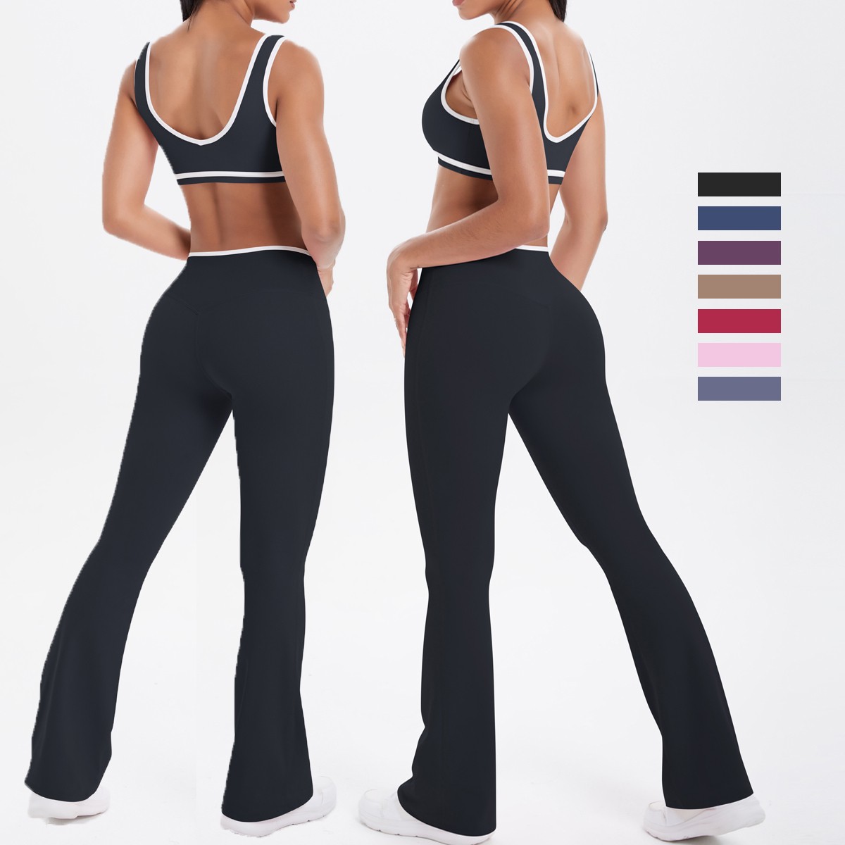 Womens 2 Piece Yoga Set Racerback Crop Top High Waist Full Length Leggings Solid Color Contrast Binding Breathable Spandex Front