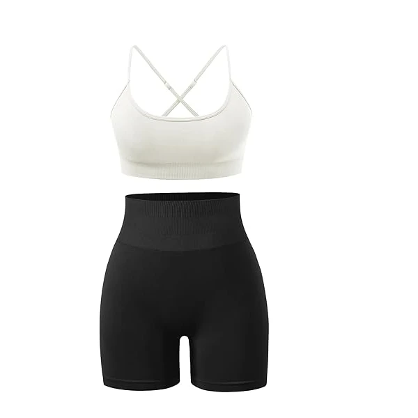 Women 2-Piece Workout Set Padded Strappy Sports Bra High-Waisted Booty Shorts & Matching Leggings Active Wear Gym Set