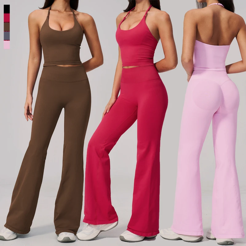 SHINBENE Women 2Pcs Seamless Yoga Suit Booty Scrunch Flare Leggings Halter Neck Workout Crop Top Sports Fitness Set