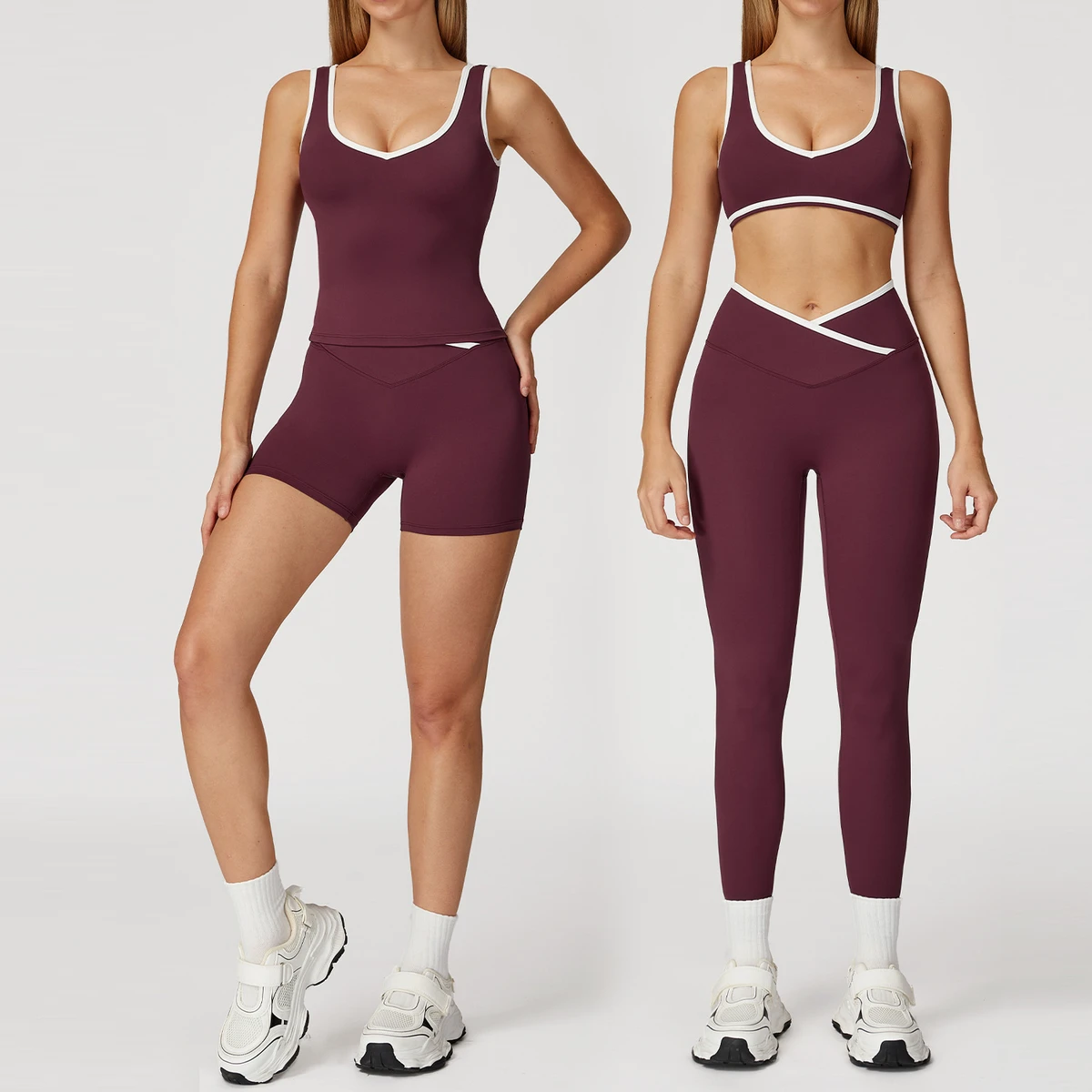 Women's High-Waist Cross Sports Yoga Set Breathable Backless Tight-Fitting Nude Fitness Suit Elastic Waist Contrasting Solid