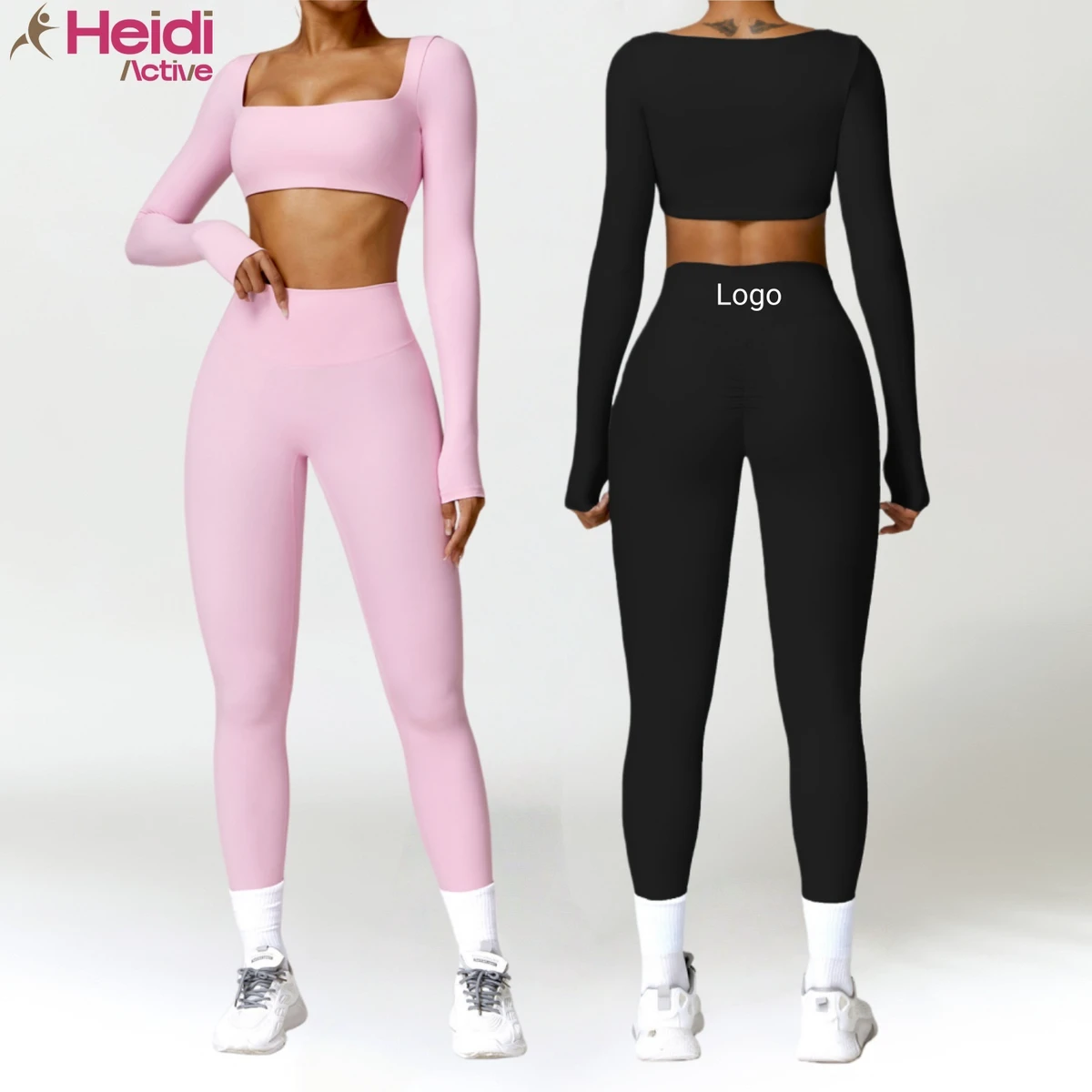 Hot Sale Active Wear Nude Feeling Square Neck Long Sleeve Yoga Top High Waist Peach Hip Stretch Leggings Sports Fitness Yoga Set