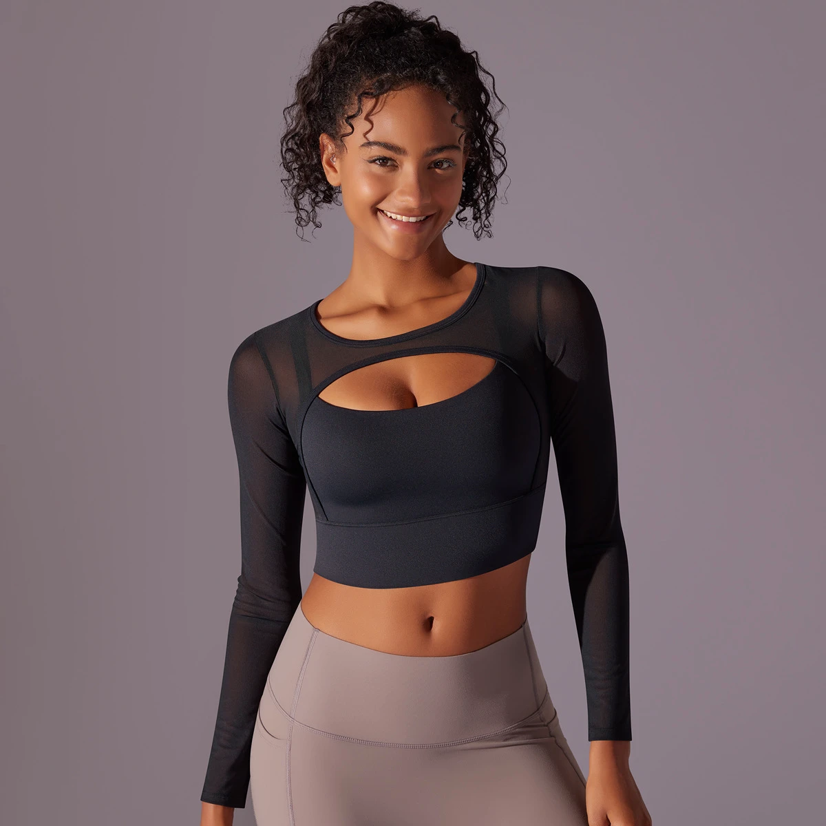 Sexy Mesh Breathable Four-Way Stretch Yoga Sports Bra Long Sleeve Quick-Drying Seamless One-Piece Fitness Top for Women Adults
