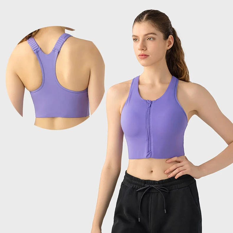 Spring Design 2025 Women's Adjustable Straps Built-in Fixed Pads Sports Bras High Impact Shockproof Longline Zipper Running Bra