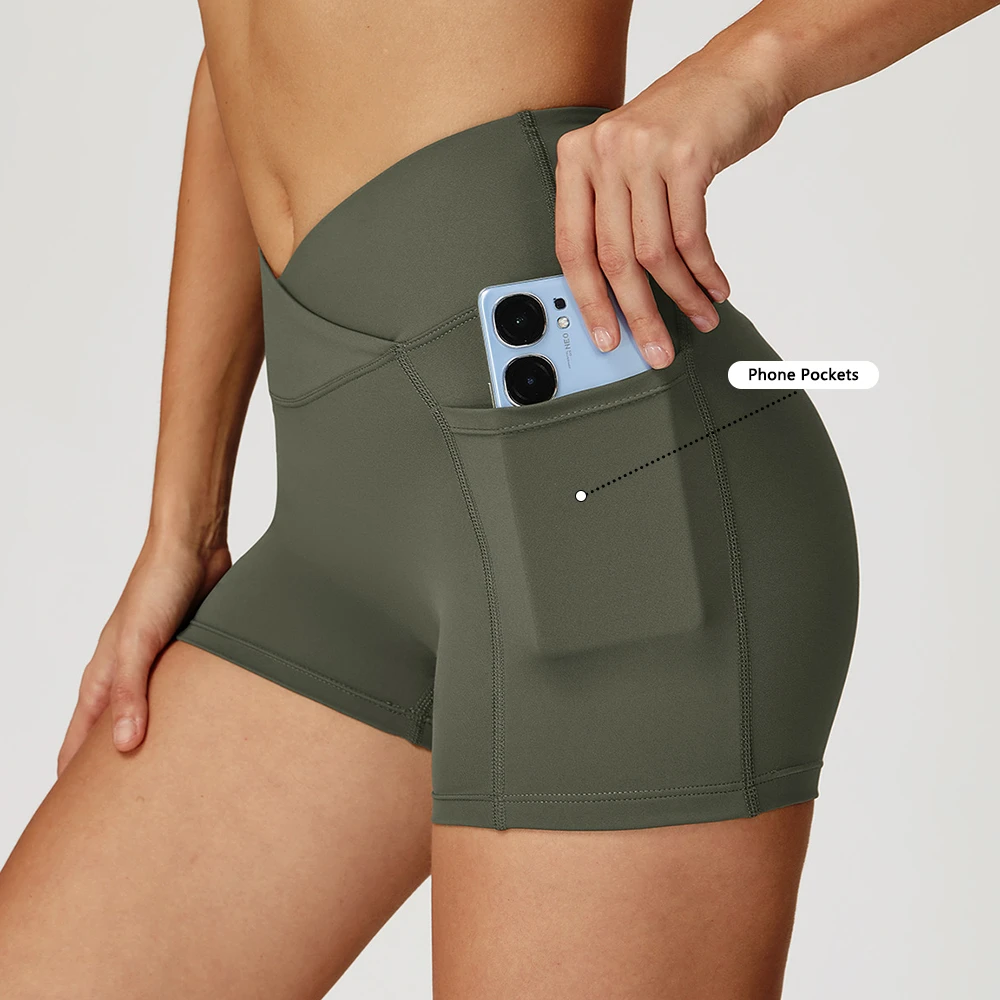 Custom Logo Butt Scrunch V Cut Waist Yoga Shorts Tummy Control Fitness Athletic Workout Shorts with Pocket