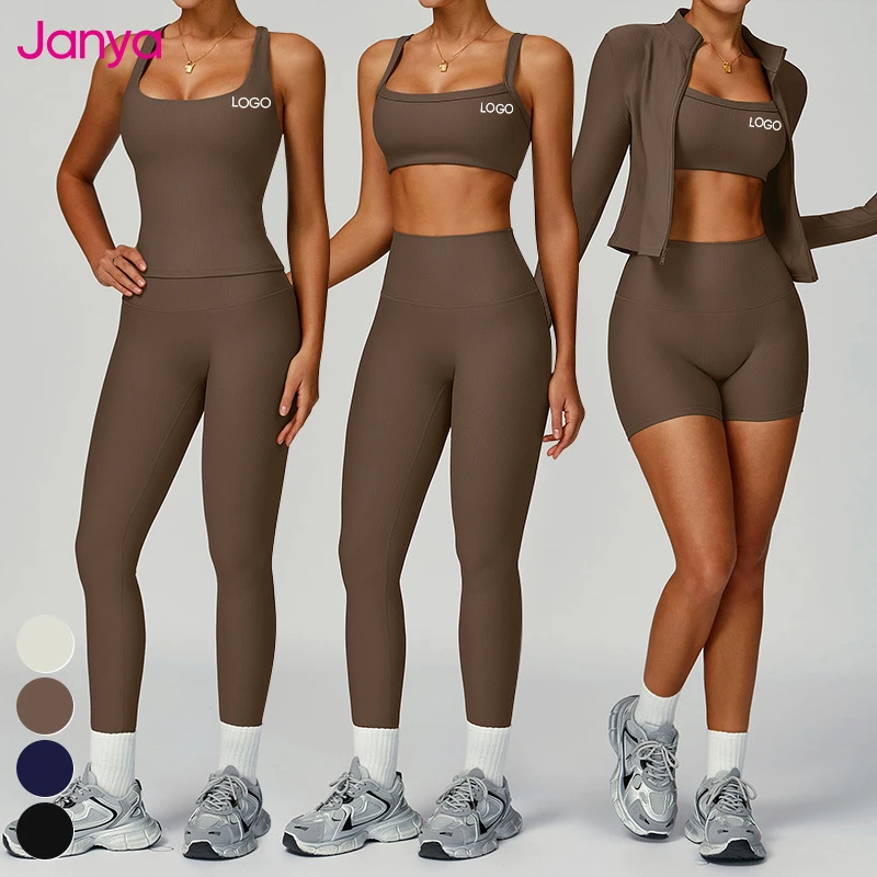 Janya 3 Piece Activewear Slim Fit Sportswear Suit Gym Fitness Clothing Sets High Waist Ribbed Tight Yoga Leggings Set for Women