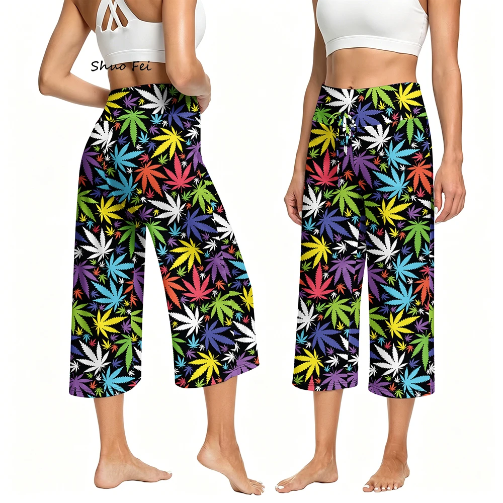 Women Pop Art Colorful Leaf Crop Pants Drawstring High Waisted Yoga Capri Trousers Vibrant Pattern Wide Leg Gym Workout Trousers