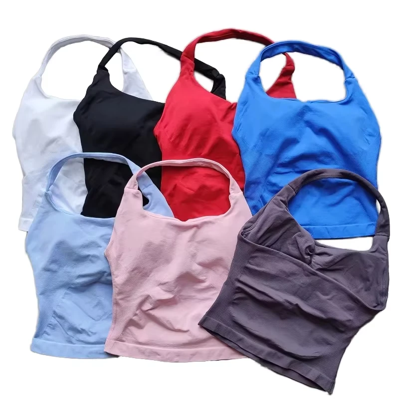 Wholesale Women Backless Workout Halter Top Yoga Gym Running Vest Custom Activewear Removable Padded Push up Sports Bra