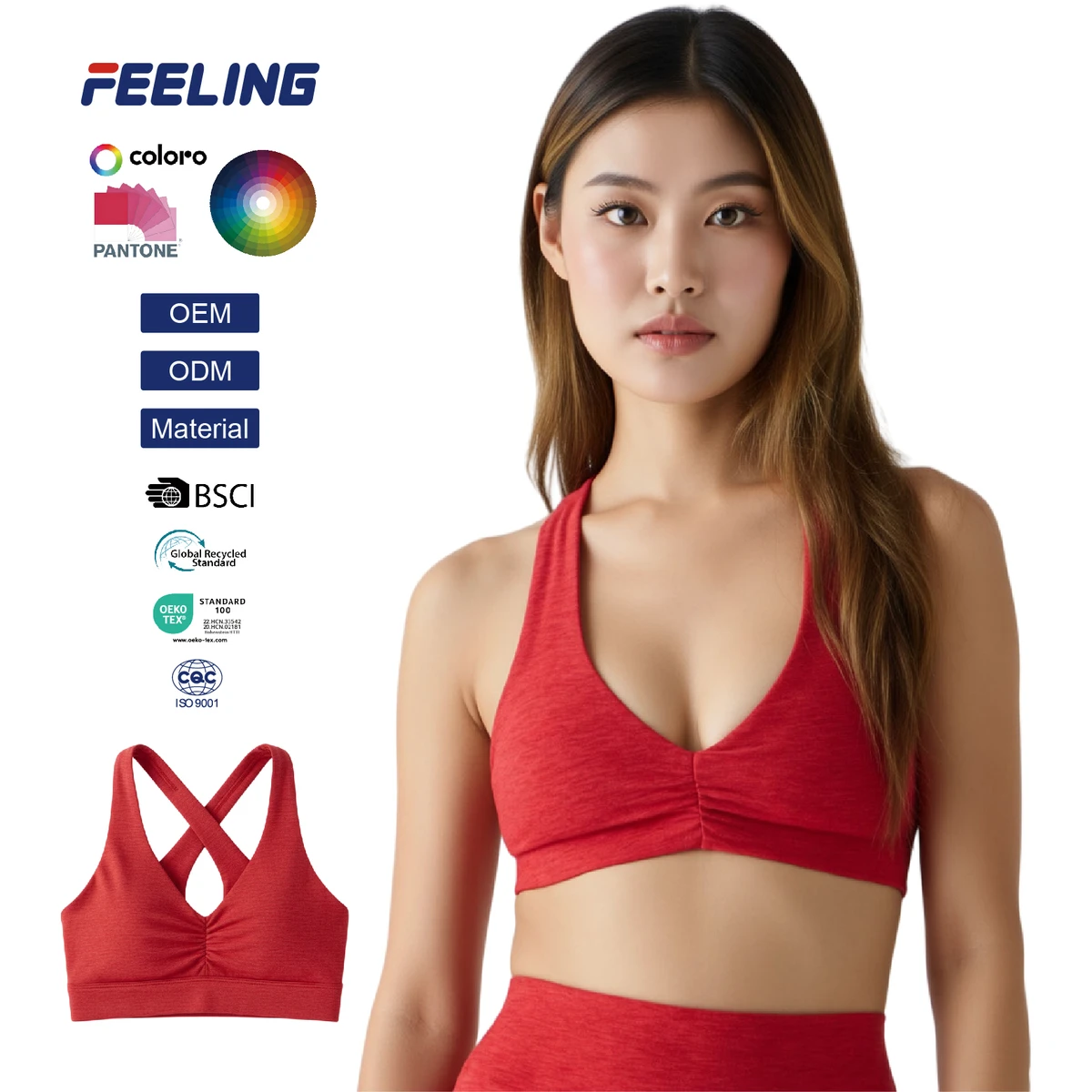 Women's Ruched Front Sports Bra with Removable Cups Breathable Sweat Wicking 4-Way Stretch Buttery Soft for Yoga Gym OEM ODM