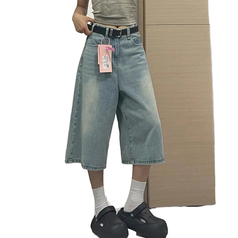 Women's Straight Capris Jeans Denim Cropped Casual Summer Mid Waist Loose Fit Baggy