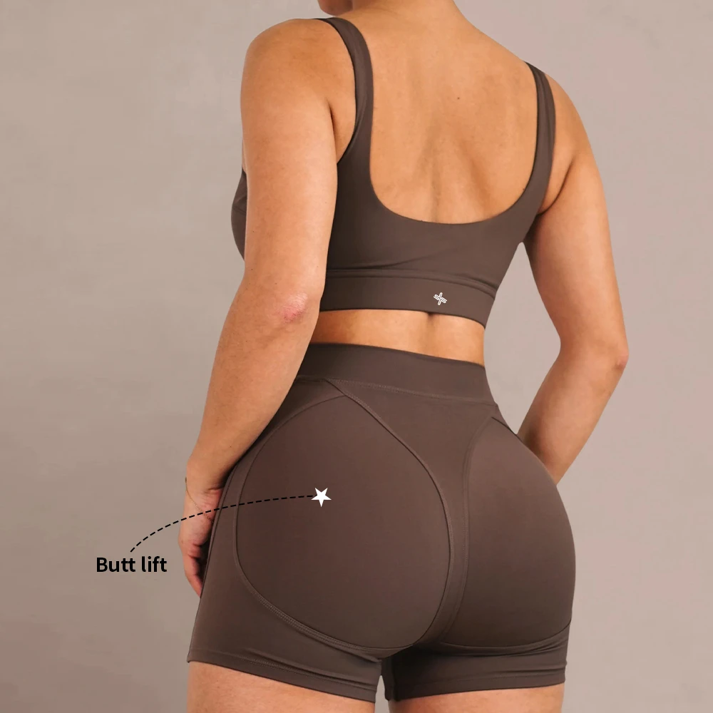 Custom Women's Fitness 2 Piece Set Stretchy Fabric Wide Strap Sports Bra High Waist Scrunch Butt Yoga Shorts Active Yoga Set