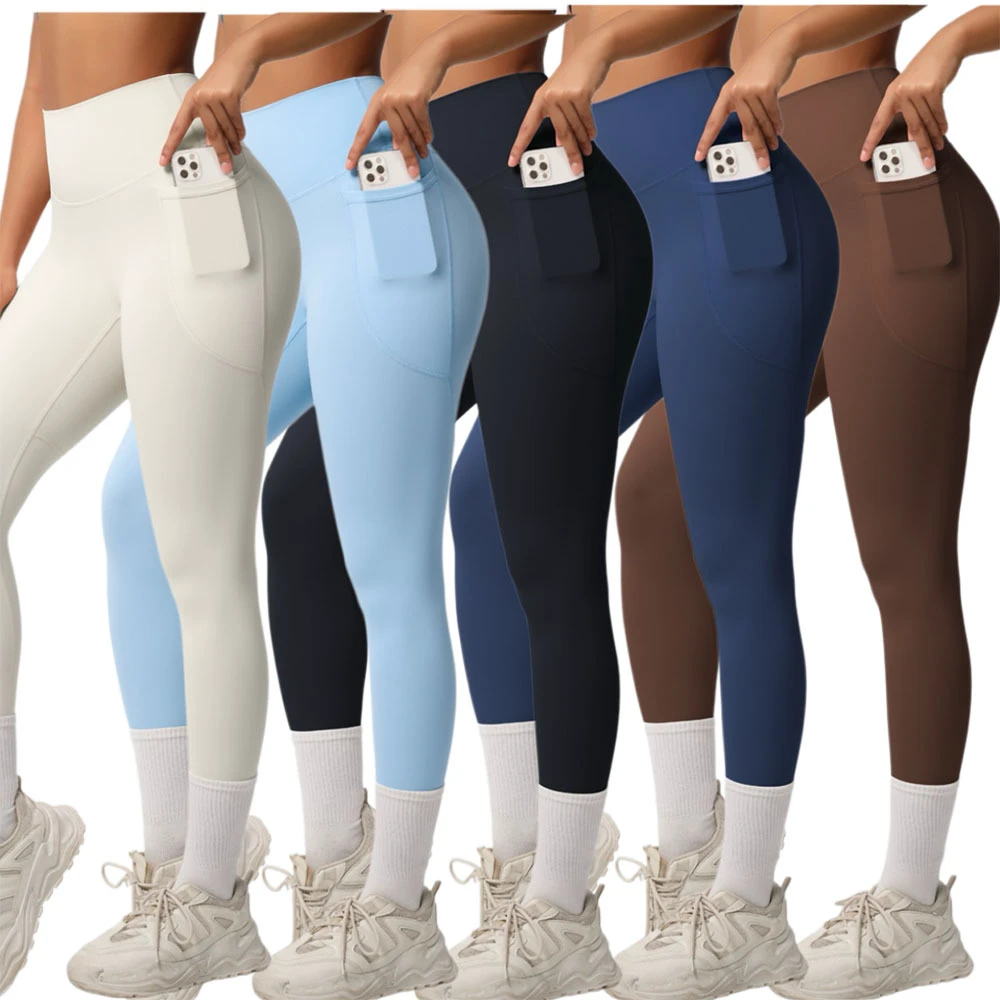 Women's High Waist Solid Tummy Control Yoga Leggings Buttery Soft Seamless Quick Dry Workout Pants Side Pockets