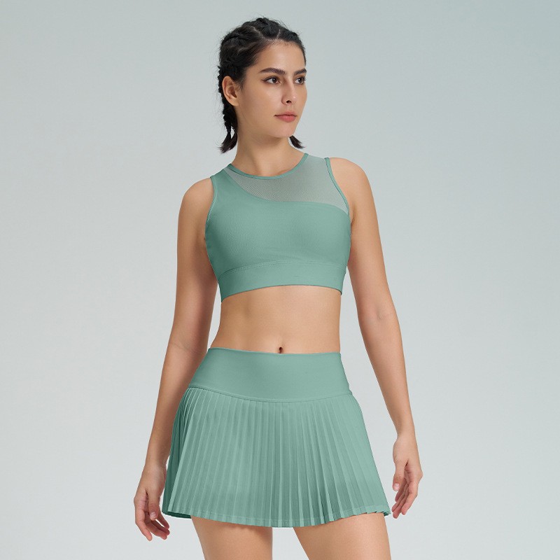 Cross-border New Solid Sports Skirt Set Anti-light Tennis Pleated Skirt Women's Two-piece Quick-drying High Waist Yoga Skirt