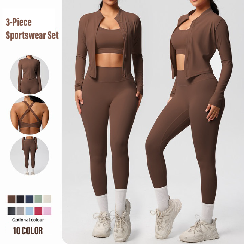 Hot Women's Lightweight 3-Piece Breathable Activewear Set Custom Logo Zipper Jacket Crop Top Yoga Leggings Solid Gym Sportswear