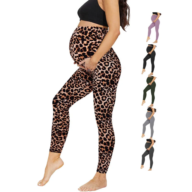 High Waist Gym Leggings for Women Maternity Yoga Workout Pants with Pocket Skinny Fit Solid Pattern Pregnant Clothing