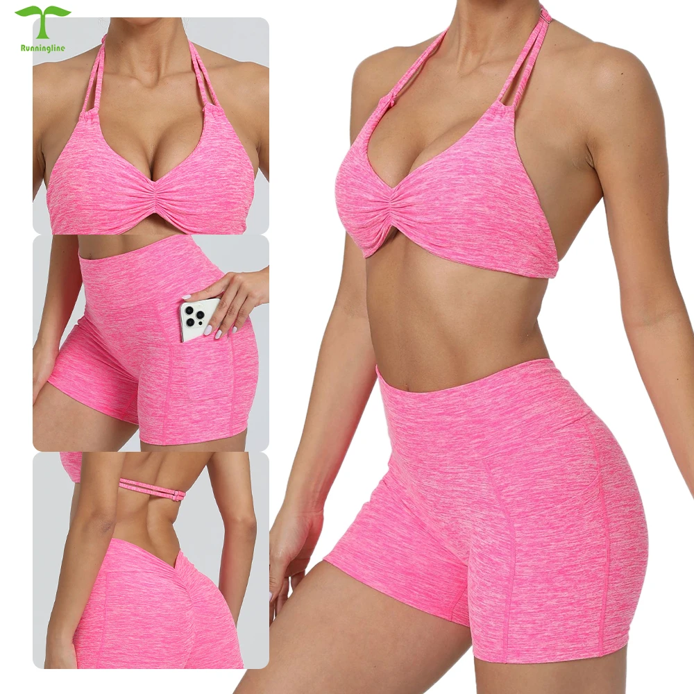Custom New Lightweight Women Seamless Adjusted-straps Bra Yoga Shorts With Pockets Sports Clothes Yoga Wear Set for Lady