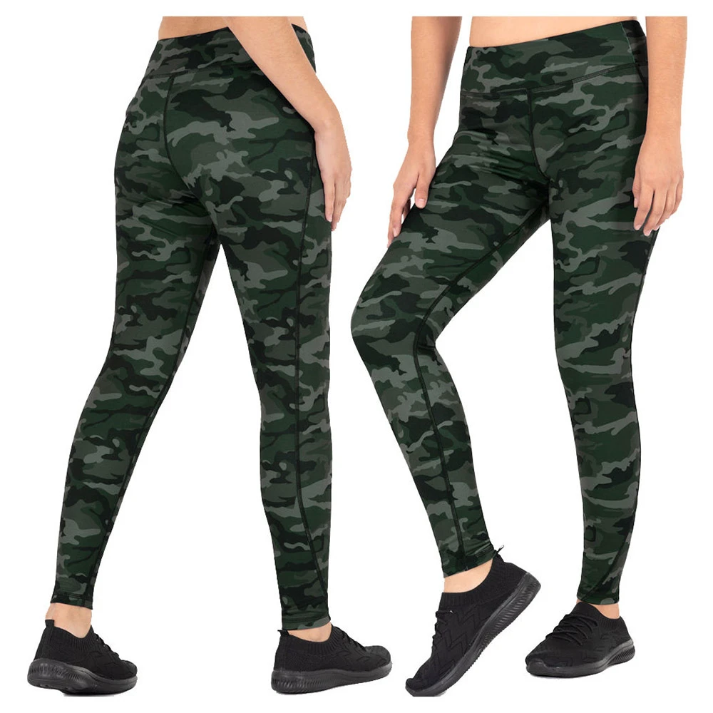 High Waist Camouflage Yoga Leggings Full Length Four-Way Stretch Spandex Polyester Women Pants Contrast Stitch Elastic Waist