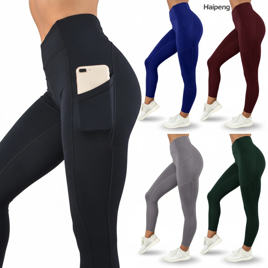 Stock High Waist Four-Way Stretch Print Spandex/Nylon Gym Sports Leggings for Women's Yoga and Running with Pockets