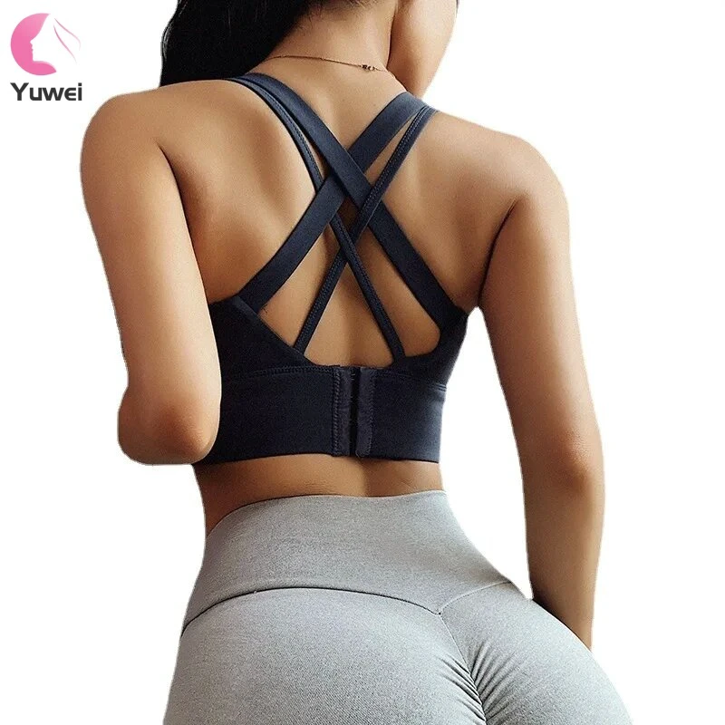 Tiktok New Custom Logo Push up Plus Size Active Wear Cross Yoga Top Women Padded Sport Bra