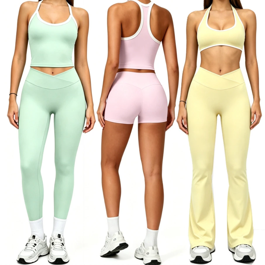 Women's Breathable High Waist Yoga Pants & Back Bra 5 Piece Set with Contrast Color Spandex Nylon Material Yoga Sets