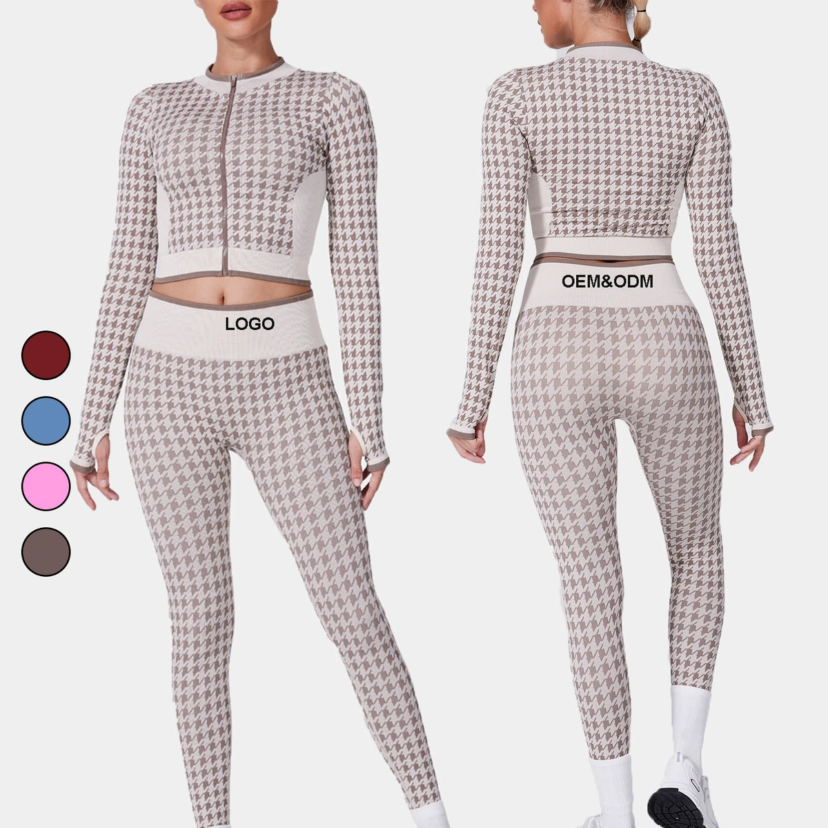 Women's High Waist Houndstooth Two-Piece Elastic Seamless Yoga Set Crop Long Sleeve Top Slim Leggings Breathable Lightweight