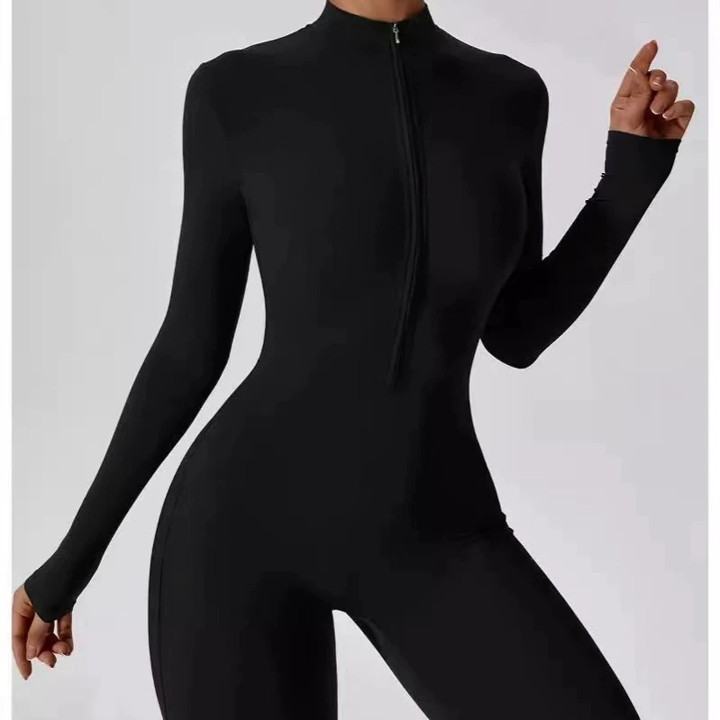 High Elasticity Seamless Spandex/Nylon Breathable One-Shoulder Ankle-Length Zipper Sensation Yoga Bodysuit Women Fitness Sport