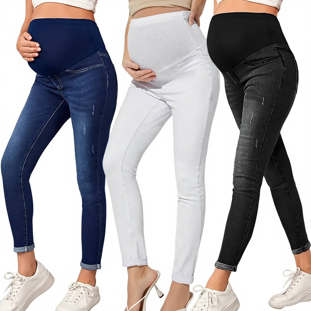 Fast Shipping High Quality Cotton Polyester Maternity Slim Fit Jeans Autumn Winter Spring High Waist Hip Lift Abdominal Support
