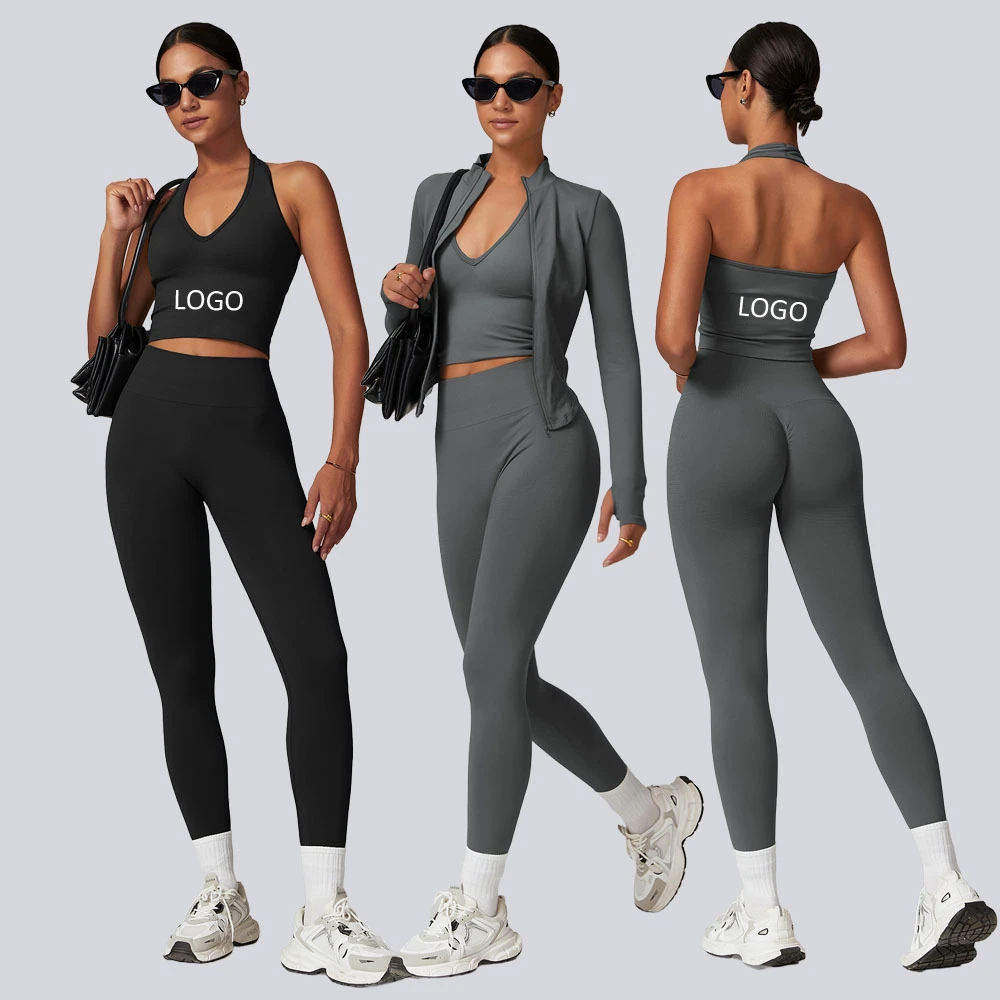 Custom LOGO GYM Sports Wear Zipper Jacket Sexy Halter Sports Bra Backless Vest for Women Yoga Pants Set Active Wear Set Shorts