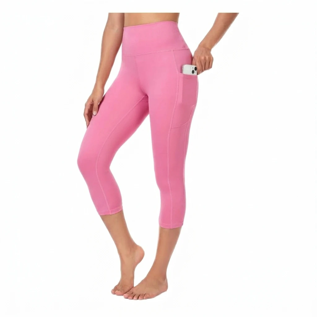 Pink High Waist Calf-Length simple Yoga Leggings With Pockets Four-Way Stretch Seamless Design