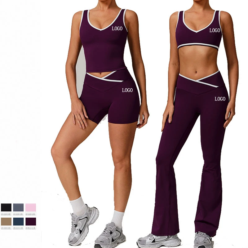 Women's High-Waist Breathable Cross Sports Suit Nude Yoga Running Fitness Suit Contrasting Sets Soft Tight-Fitting Solid