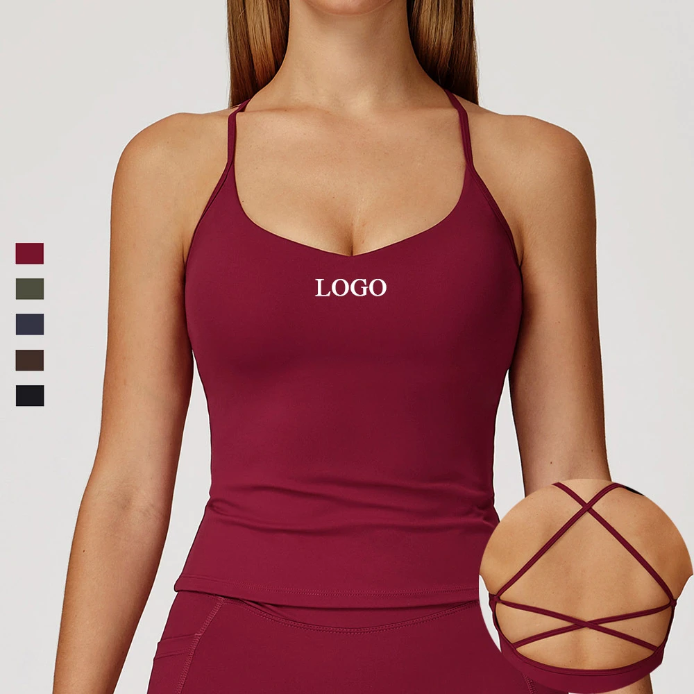 Custom Brushed Fabric Cross Strap Back 4-Way Stretch Sports Crop Tops Gym Bra Padded Breathable Workout Running Yoga Tank Tops