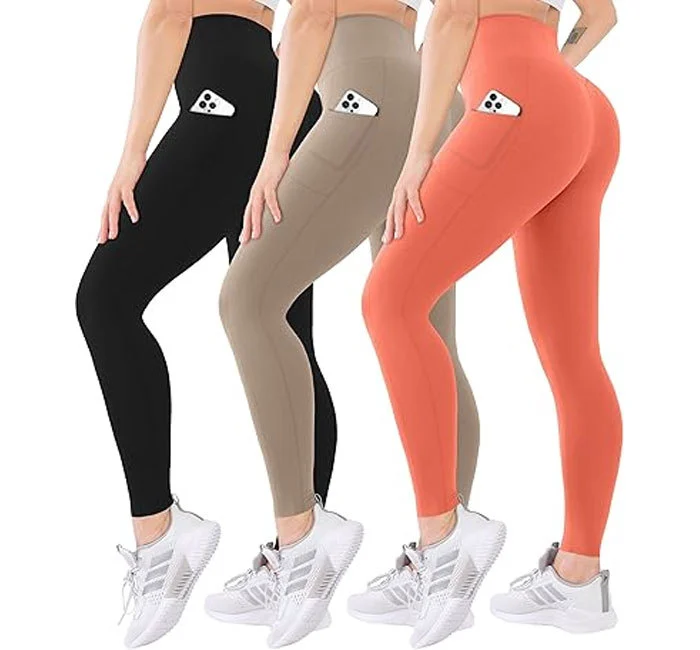 Women High Waist Yoga Leggings Full Length Solid Black Satin Eco-Friendly with Pockets Seamless Four-Way Stretch Workout Wear