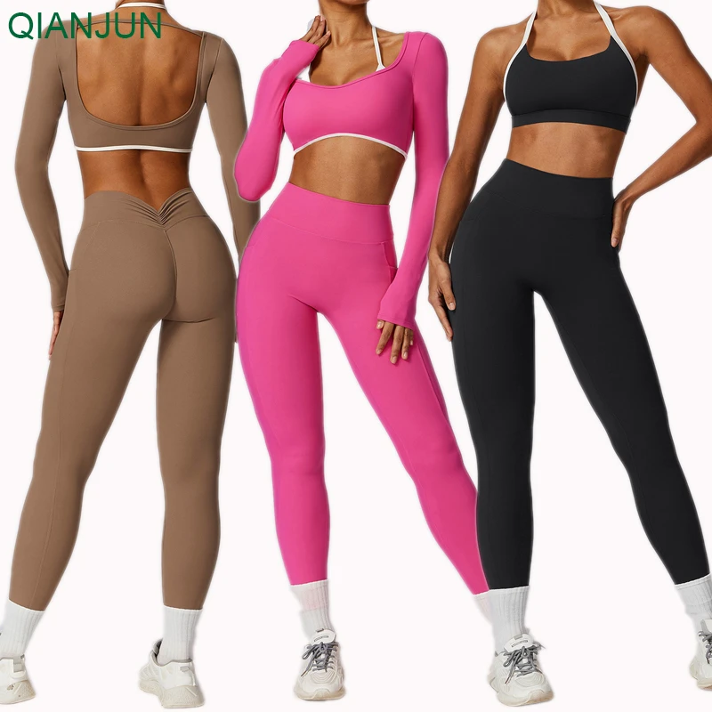 Wholesale Women Fitness Workout Backless Sports Bra Top and Yoga Pant Sets High Waist Two Piece Yoga Set