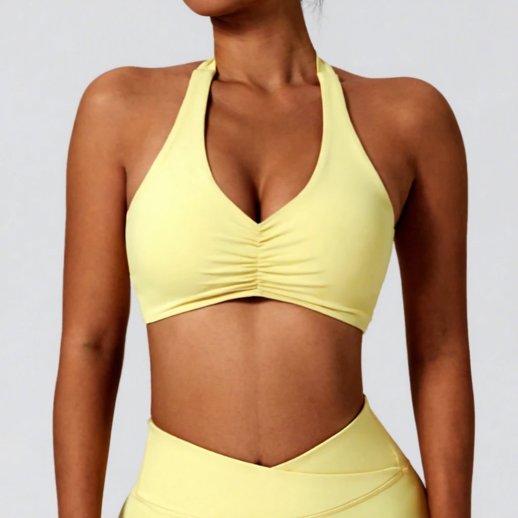 New Design Nude Sexy Gym Athletic Wear Hanging Neck High Impact Yoga Crop Top Sports Bras for Women Fitness Running Workout