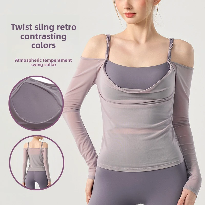 Twisted Shoulder Strap Yoga Sports Bra One-Piece Slim Fit Custom Yoga Set Long Sleeve Quick-Drying Mesh Off-Shoulder Fitness Top