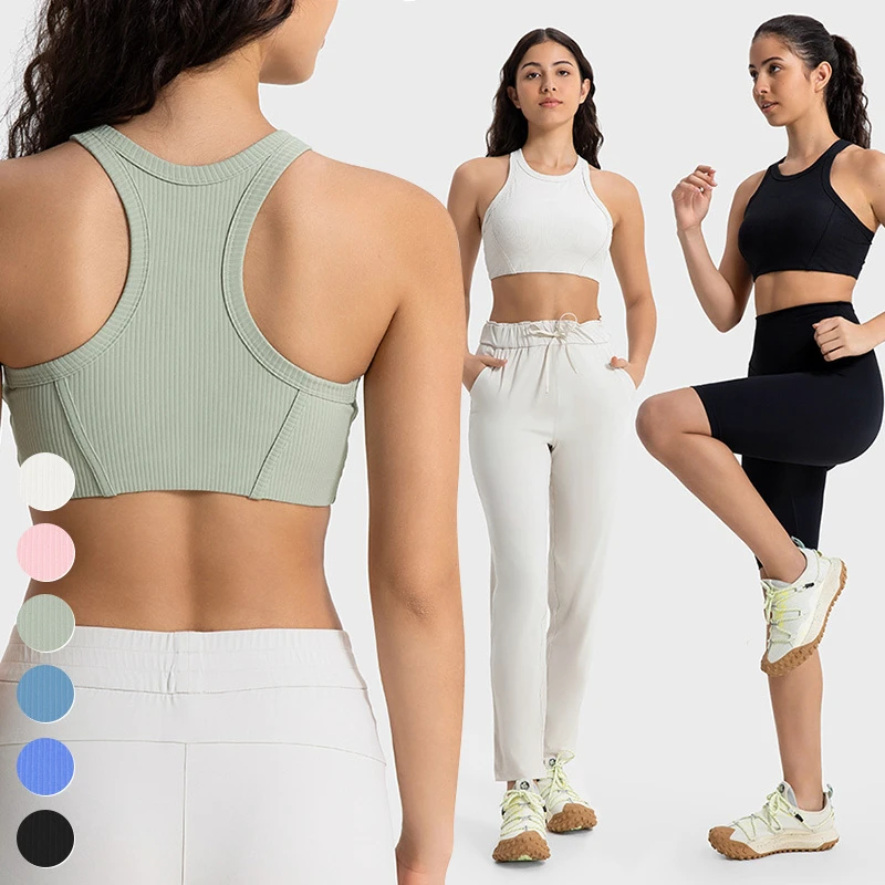 Custom Activewear High Neck Shockproof Bras Sport Wear Gym Fitness Yoga Top Women Ribbed High Support Racer Back Sports Bra