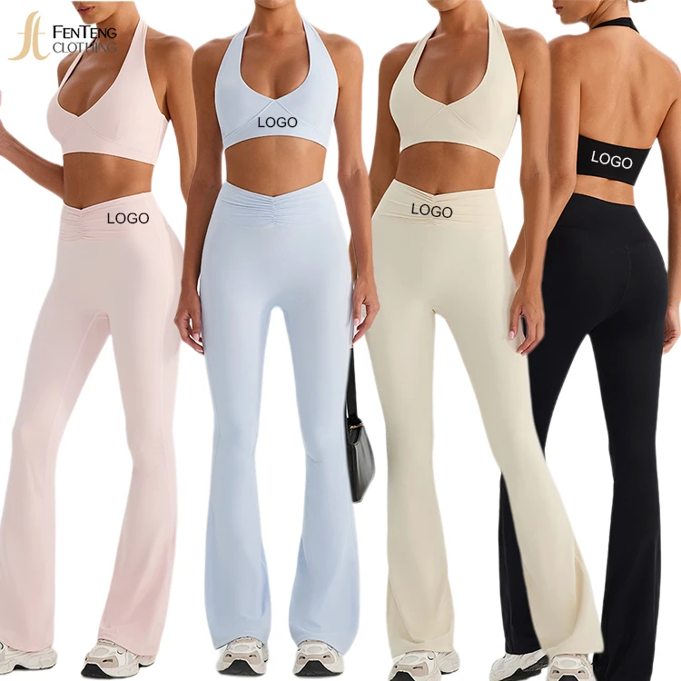 Under Lulu Custom Women Yoga Outfit Breathable Lightweight Strappy Halter Fitness Flared Pants Sportswear Yoga Set