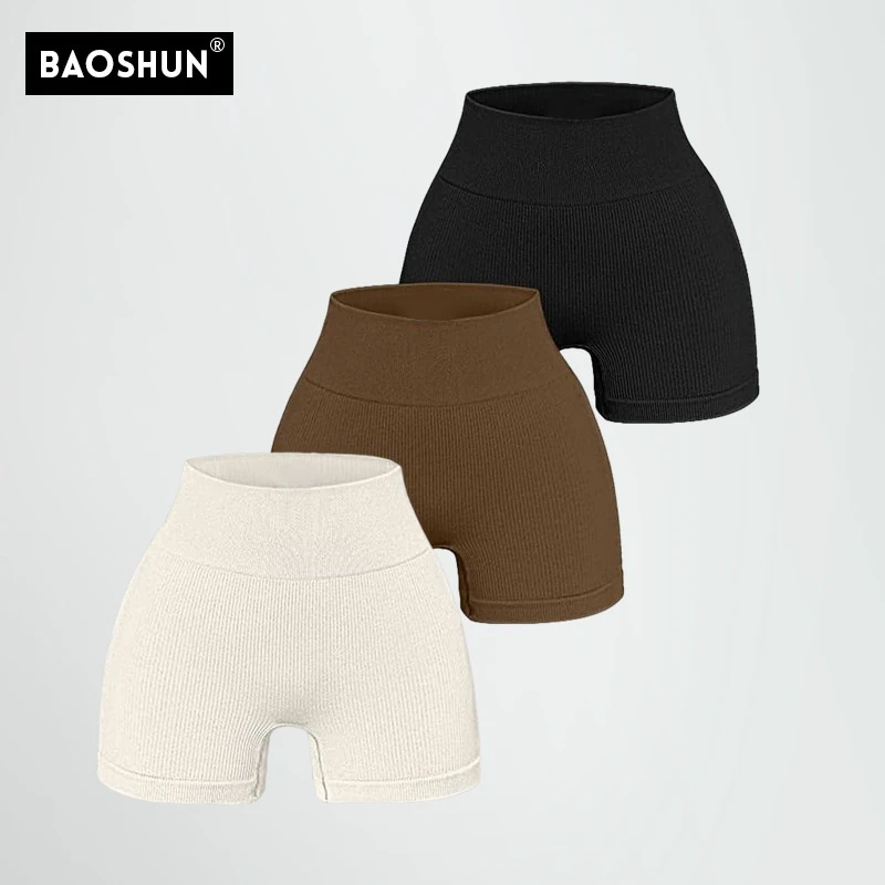 Three-Quarter Length High-Waist Seamless Nylon/Spandex Fitness Shorts Quick-Dry Ribbed Yoga Leggings Flare Waist No-Trace Sports