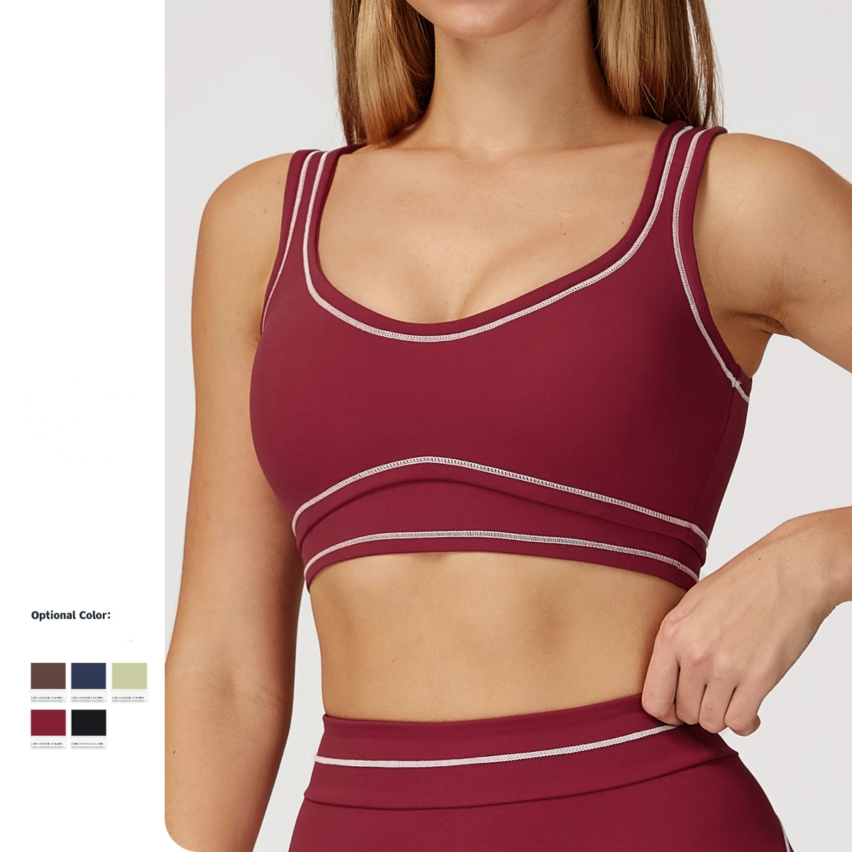 Contrast Binding Brushed Breathable High Support Halter Strap Yoga Sports Bra U-Shaped Back Design Spandex/Nylon XL for Women