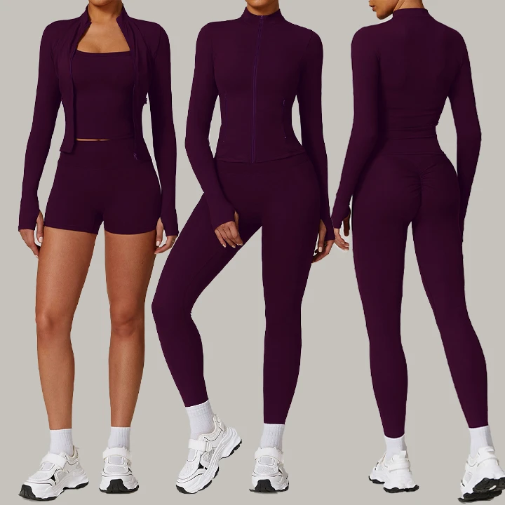 Custom High Stretchy New Designs Fitness Workout Gym Zip up Long Sleeve Jacket 2 Piece Yoga Sets