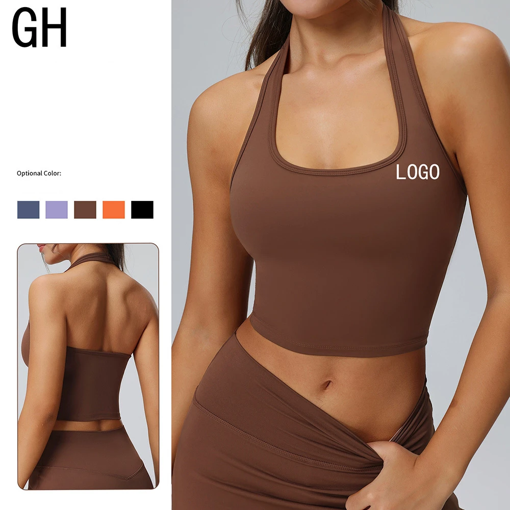 GH Women U-neck Naked Feeling Shockproof Halter Crop Top With Chest Pad Wireless Sports Bra Custom Logo Backless Sports Bra