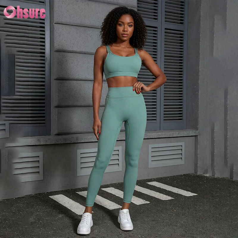 Women Solid Yoga Set High Waisted Leggings Butt Lift Gym Set Stretch Breathable Workout Fitness 2-Piece Set Pocket