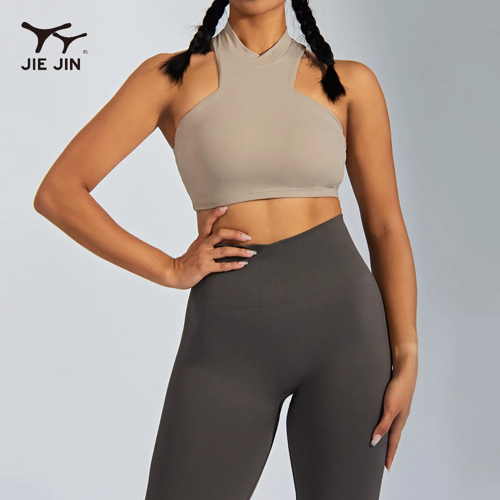 JIEJIN New Model High Neck Hollow Sexy Yoga Halter Comfort Soft Support Padded Compression Yoga Sexy Sports Bra