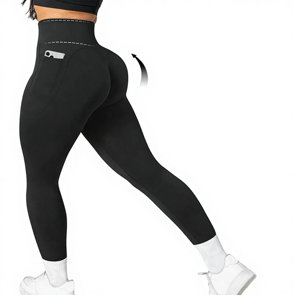 Side Pocket High Waist Butt Lift Leggings, Elastic Tummy Control Gym Athletic Yoga Pants for Ladies
