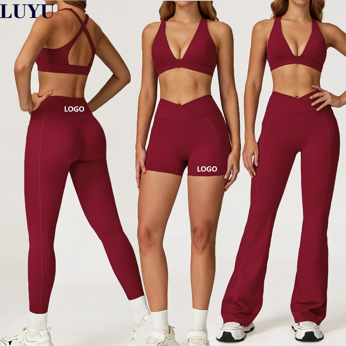Cross Waist V-shaped Sports Pants Set Gym Fitness Sexy V Neck Yoga Bra High Stretchy Scrunch Bum Pilates Yoga Sets