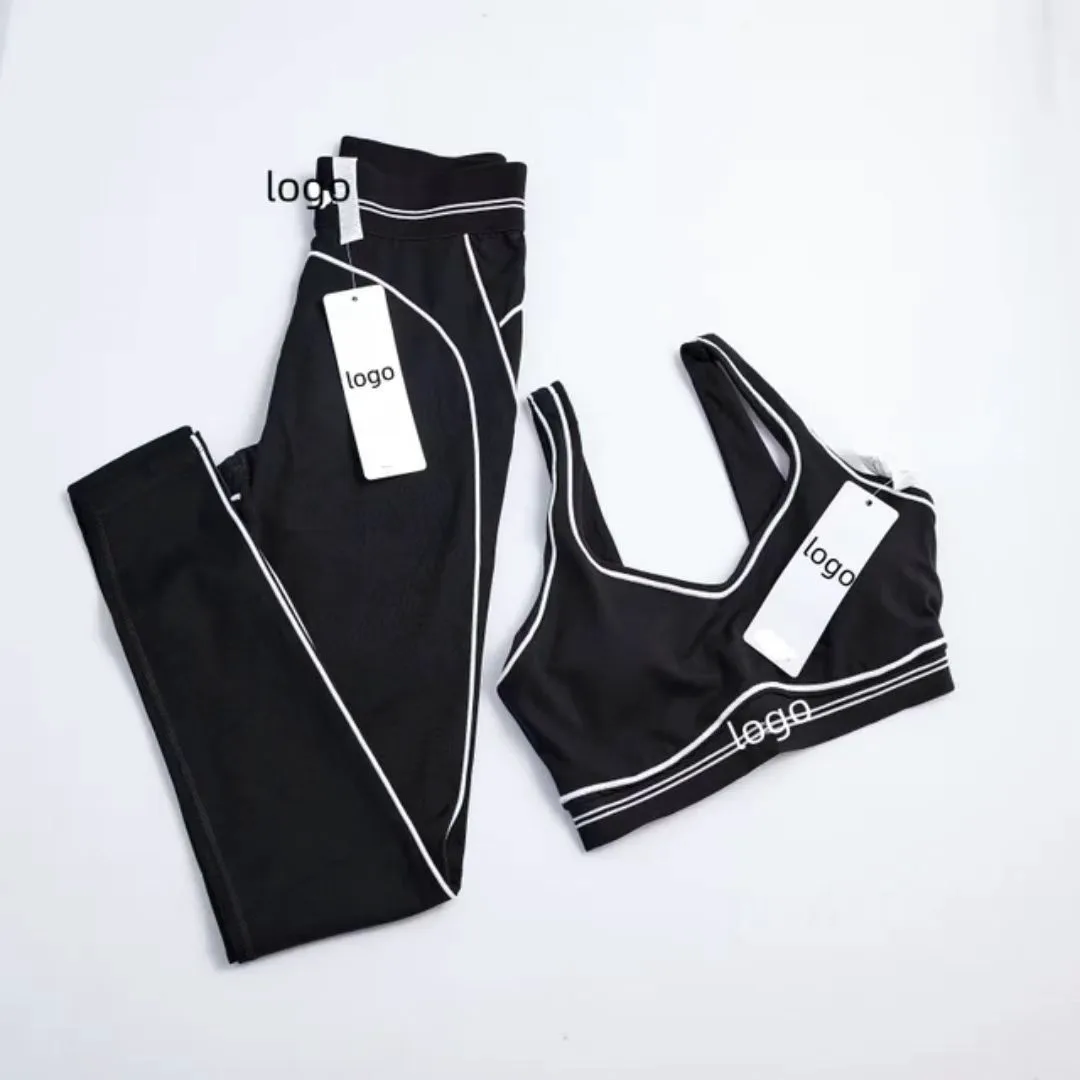 Customized Fashion Front logo Elastic Seamless Ribbed Breathable Quick Drying Women's Sports and Fitness Leggings Set Sweat-...