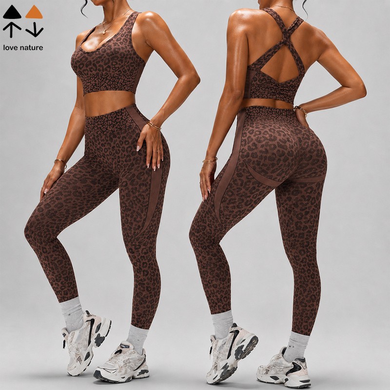 Leopard Print Yoga Set Women High Waist Scrunch Butt Leggings Cross Back Sports Bra 2 Piece Gym Fitness Workout Outfit