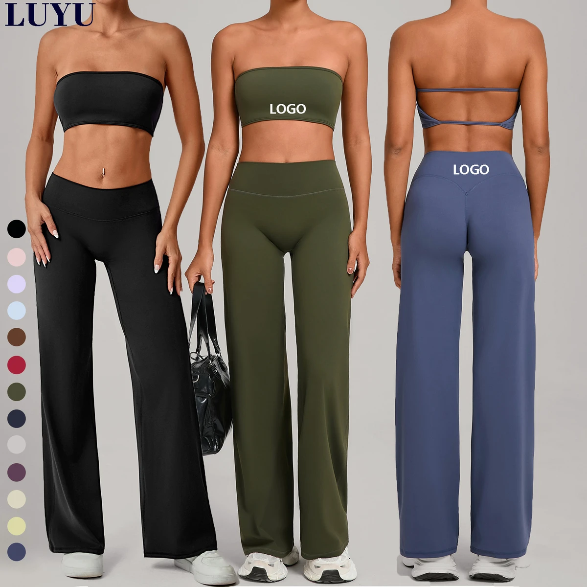 LUYU New Design Women Workout Bandeau Top and Flared Leggings Set Stylish Tube Top Fitness Yoga Set